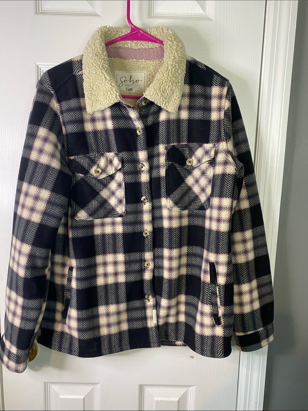 Soho Black & Cream Plaid Sherpa-Collar Pea Coat Women’s Size Medium.